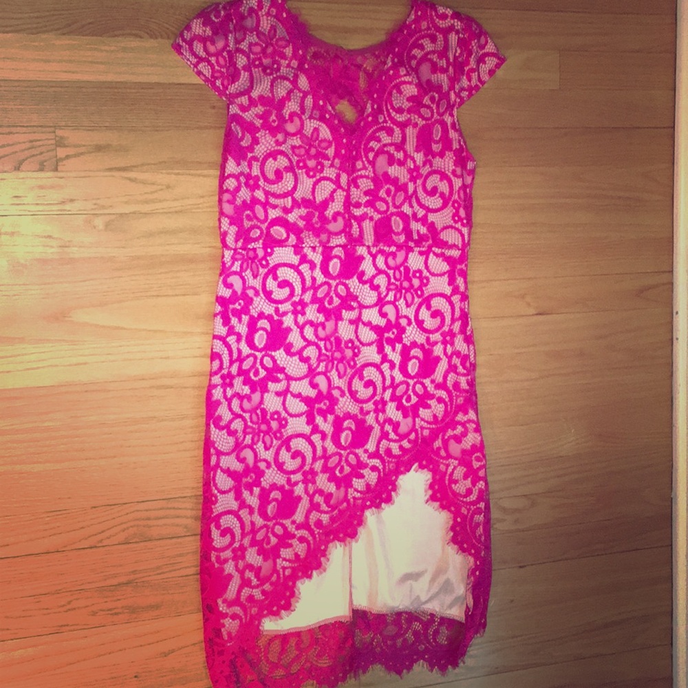 Pink Asymmetrical High-Low Lace Dress XL